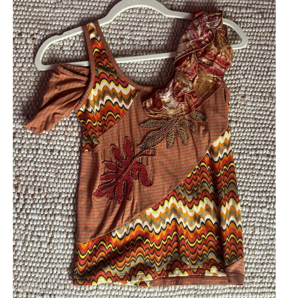 VTG Save The Queen Y2K Ruffle Patchwork Top Beaded Autumnal Ruffle Leaf M Boho